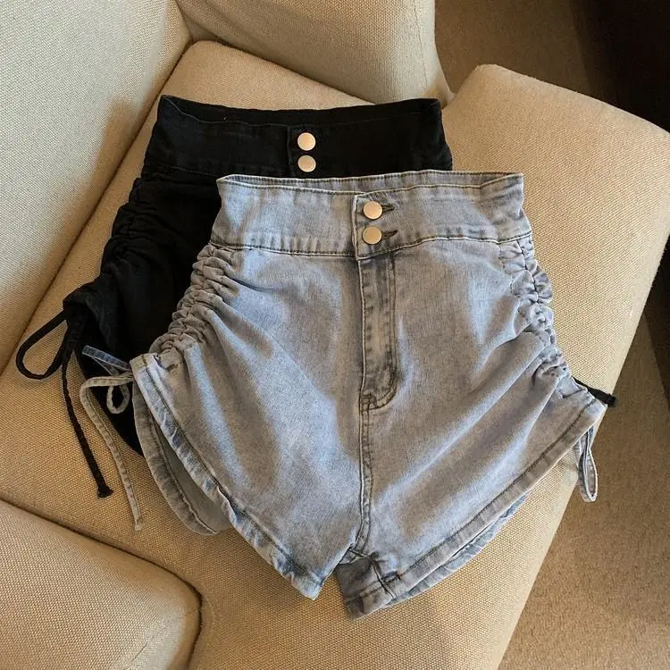 High Waist Drawstring Denim Shorts