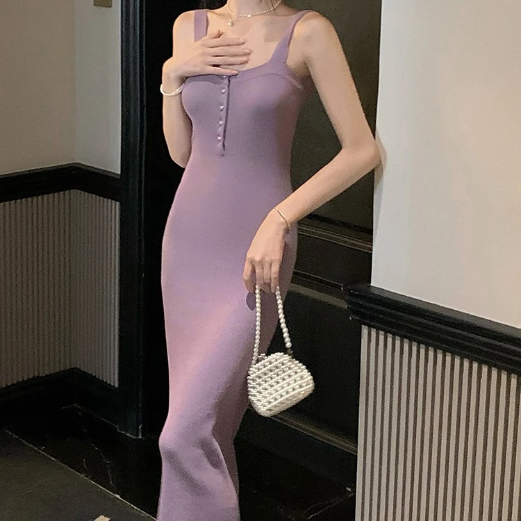 Hip Wrapped Purple Knitted Dress Cardigan Two-piece Suit