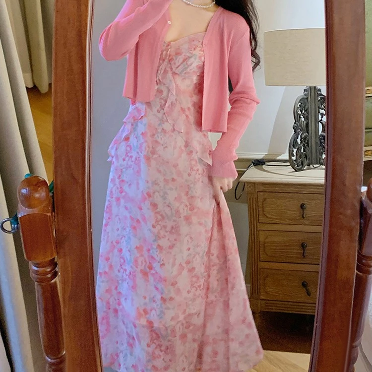 Pink Floral Halter Dress Two-piece Suit