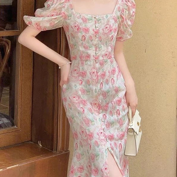 White And Thin Bubble Sleeve Pink Floral Dress