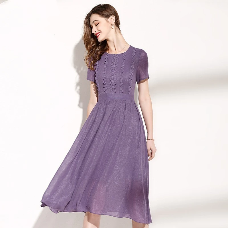 Lace Patchwork Purple Dress For Women