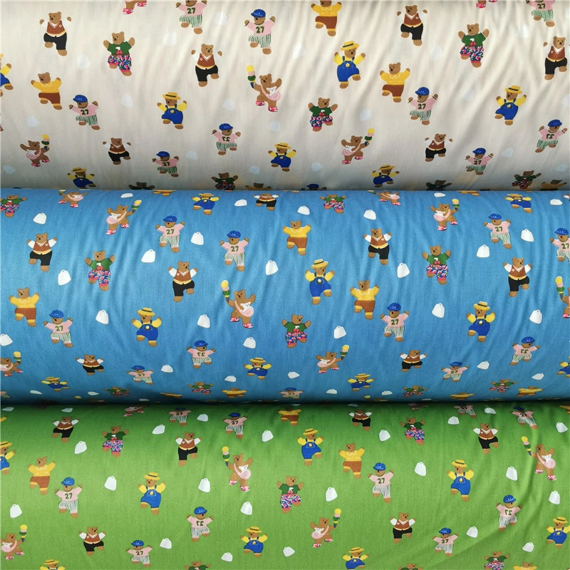 Green And Blue Cartoon Baby Bear Cotton Twill Fabric