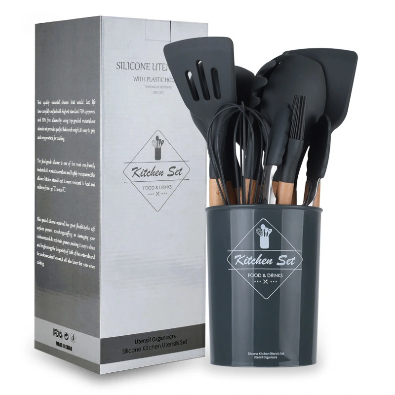 Dark Grey Wooden Handle Silicone Kitchenware Non-Stick Pan Baking Set