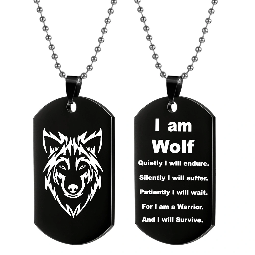 European And American Style Stainless Steel Wolf Head Men's Pendant Double-sided Lettering Dog Tag Keychain