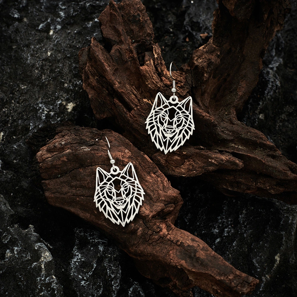 Hollow Wolf Head Silver Stainless Steel Dangle Earrings For Women
