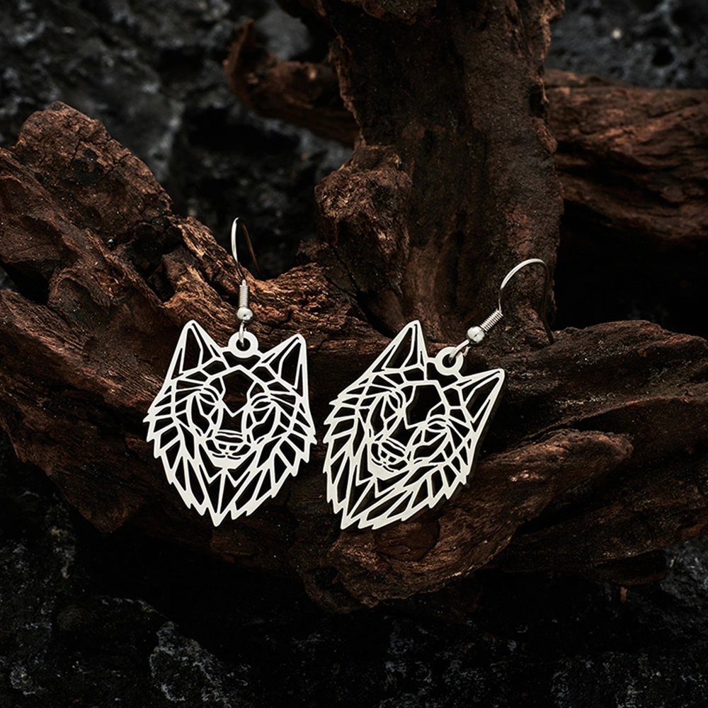 Hollow Wolf Head Silver Stainless Steel Dangle Earrings For Women