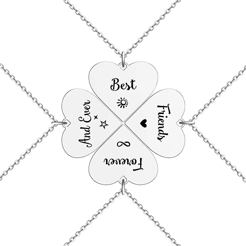 4 Pcs Set Heart Puzzle Four Leaf Clover Pendant Necklace Stainless Steel Best Friends Forever And Ever Necklaces BFF Jewelry