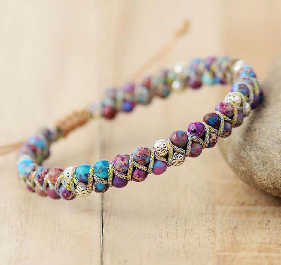 High End Natural Stone Bead Wrapped Bracelet L String Braided Yoga