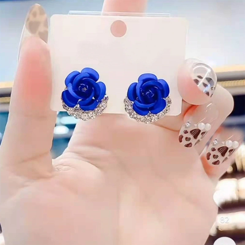 Female 925 Silver Needle Blue Rose Earrings