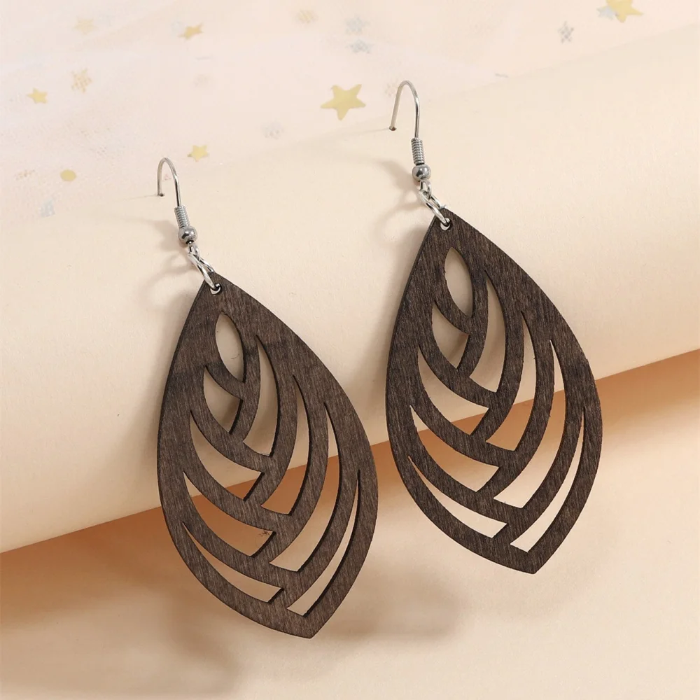 Hollow Geometry Wood Earrings Eardrop  Personality Wooden Earrings Silver-plated Ear Studs