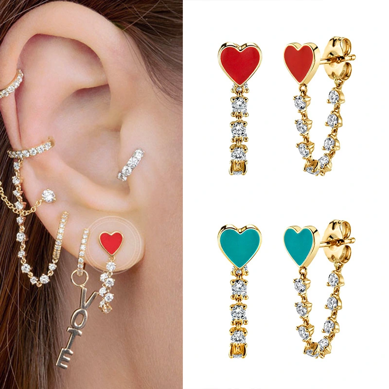 S925 Silver Needle Tassel Set With Diamond Heart Love Drops Glue Earrings Ornaments