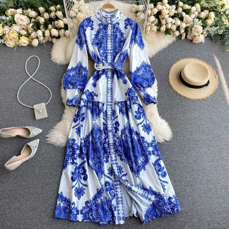 Vintage Blue And White Porcelain Print Quality Standing Collar Slim Long Dress