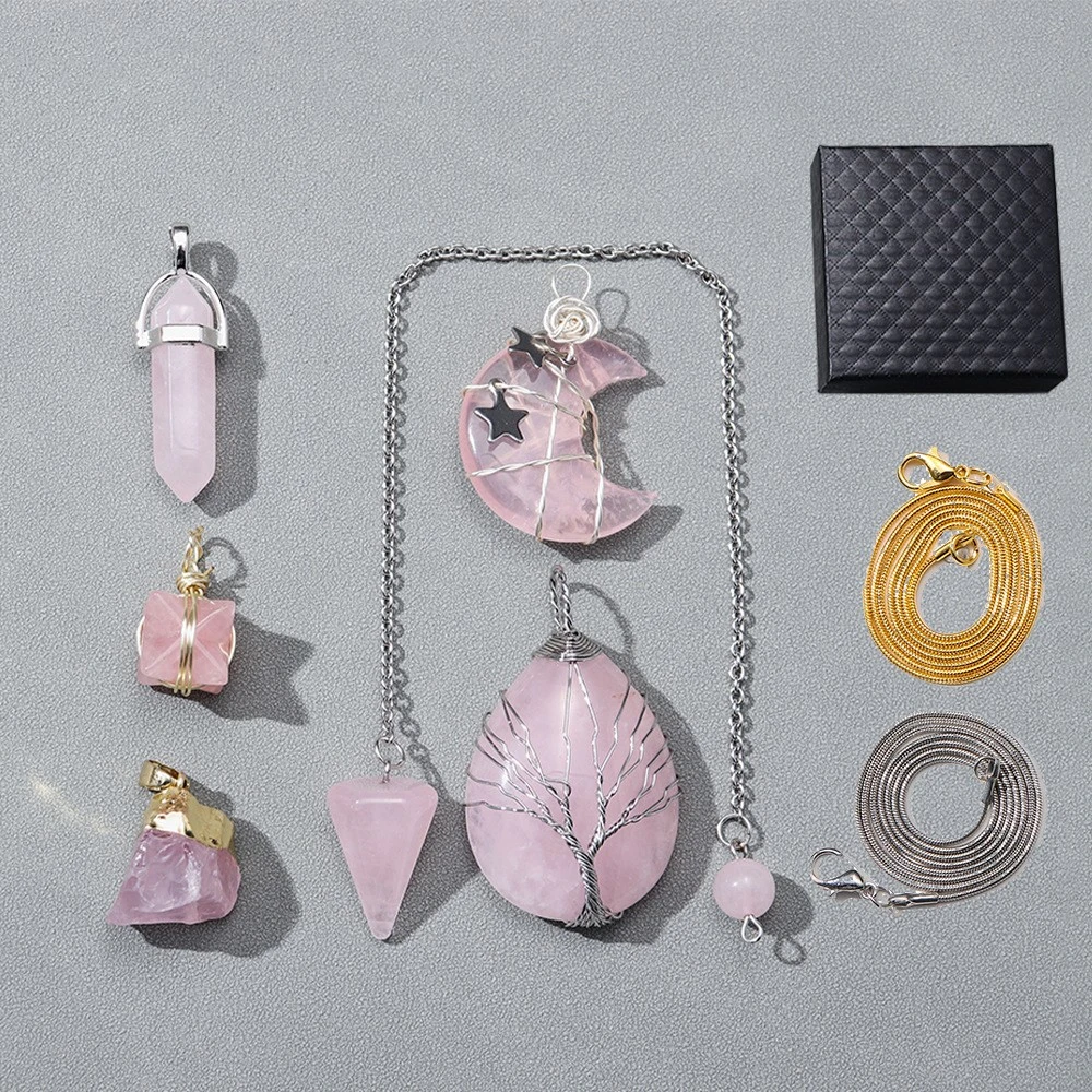 Natural Crystal Pink And White Original Stone Moon Water Drop Pendant Set Accessory Necklace