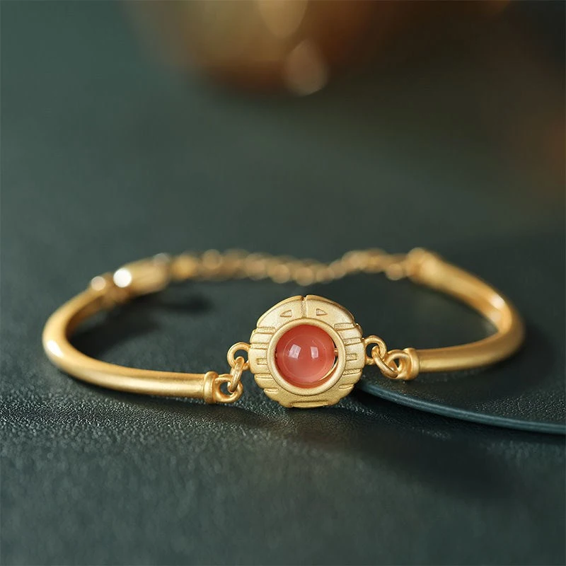 Natural South Red Agate Double Happiness Round Women's Hand Bracelet