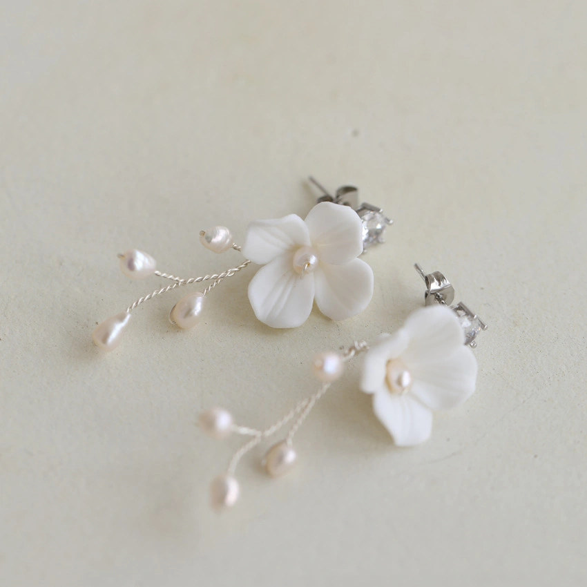 Hard Porcelain Flower Fresh Water Pearl Earrings