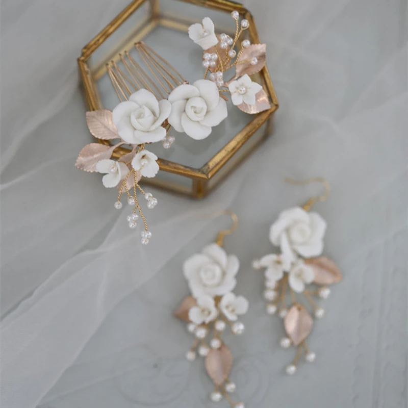 Design Ceramic White Flower Hair Comb Earrings