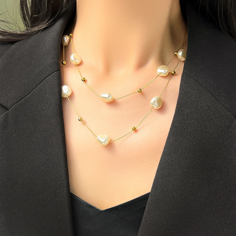 Vintage Baroque Pearl Double Layer Necklace Titanium Steel Colorless Collar Chain