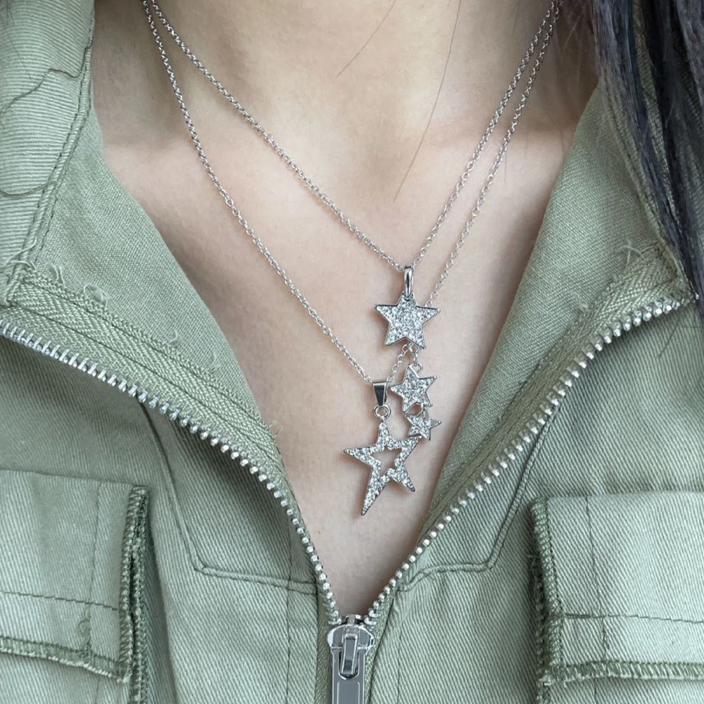 Sparkling Diamond Star Five Point Star Necklace Retro