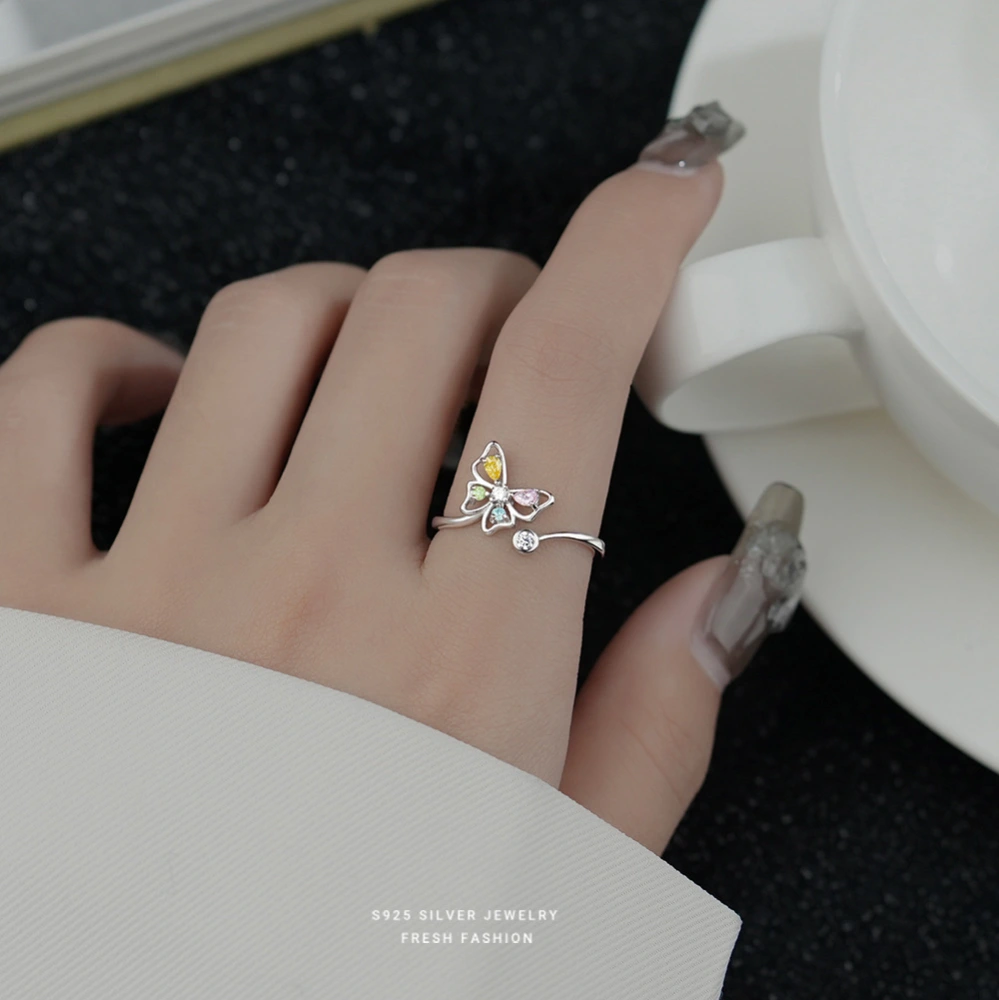 Sterling Silver Butterfly Color Diamond Rotary Ring Female