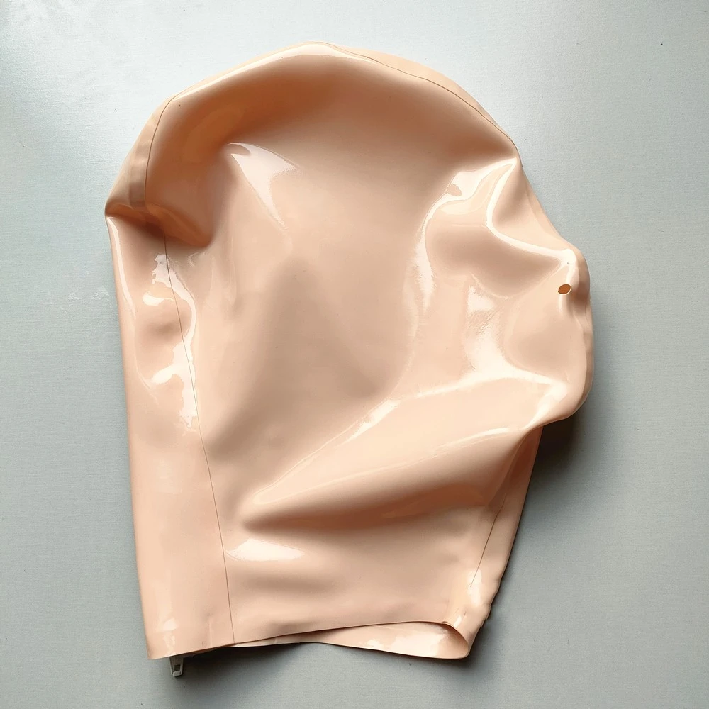 Latex All-wrapped Head Cover Tight Pack Exposing Nostril Zipper Skin Color