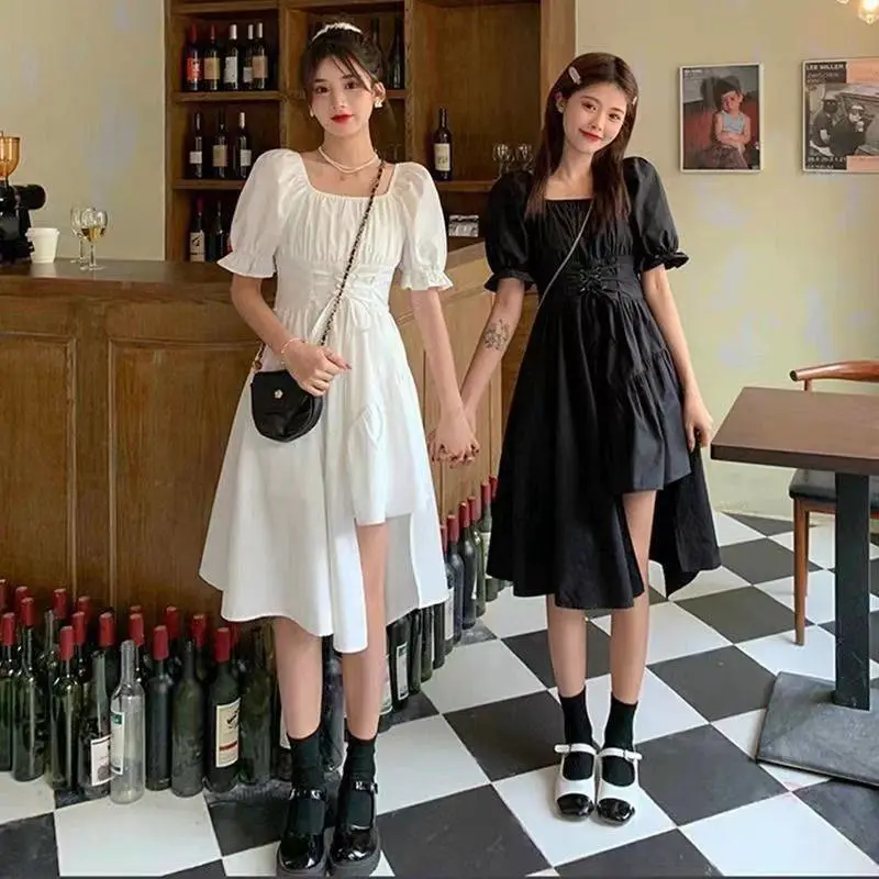 2023 French puff sleeve dress women's new summer girlfriend outfit waist thin design irregular skirt