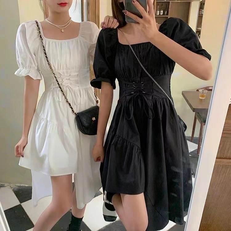 Summer Irregular Bubble Sleeves Women's Minority Hepburn Style INS Style Slim Dress