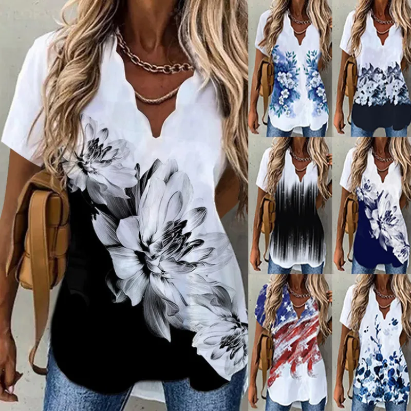 2023 Summer Ladies New Wave Neck Printed Short Sleeves