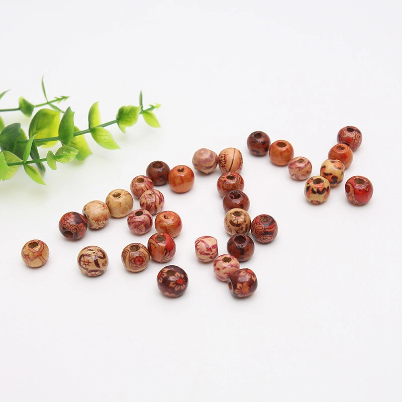 9 X10MM Printed Wood Beads With Large Hole Pattern