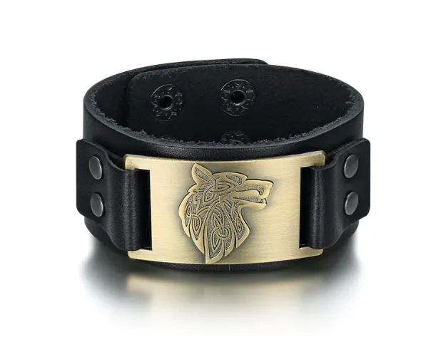 Beowulf Regalia Leather Viking Wolf Head Arm Cuff