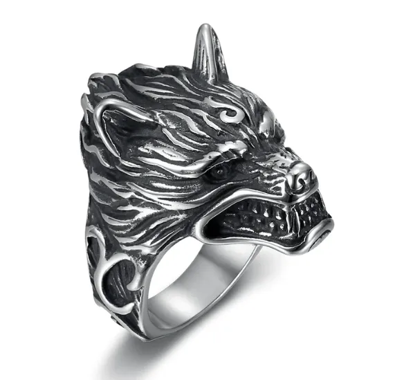 Beowulf Regalia Handcrafted Stainless Steel Wolf Head Biker Ring