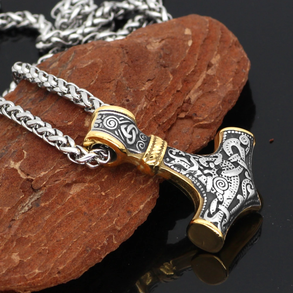 Beowulf Regalia Handcrafted Stainless Steel Dual Color Mammen-Style Thor's Hammer Pendant