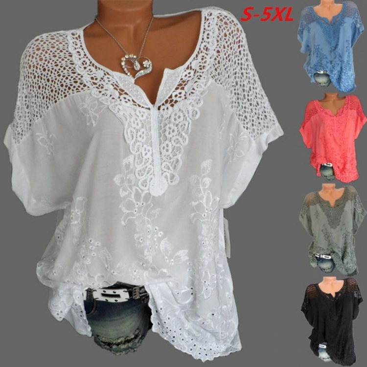 2023 hot style European and American fashion women's lace V-neck embroidered short-sleeved bat shirt