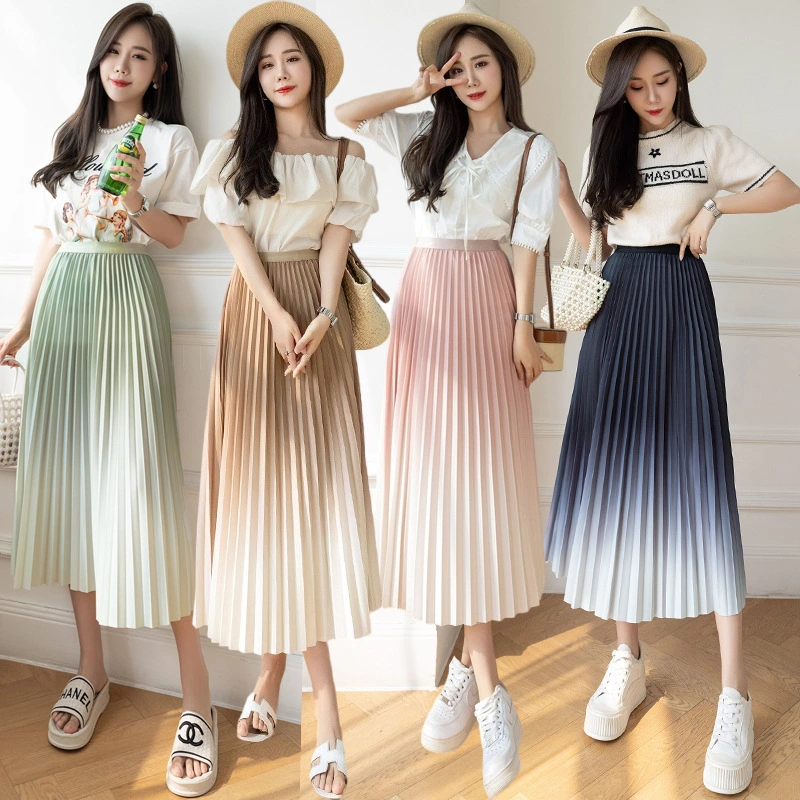 2023 NEW Gradual change of color Korean version of high waist slimming feeling pendant pleated skirt flowing mid-length A-line skirt half skirt female