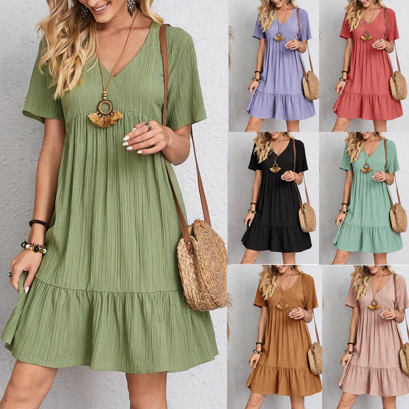 2023 Summer Relaxed Casual Short Sleeve Tunneled Flowy Dress