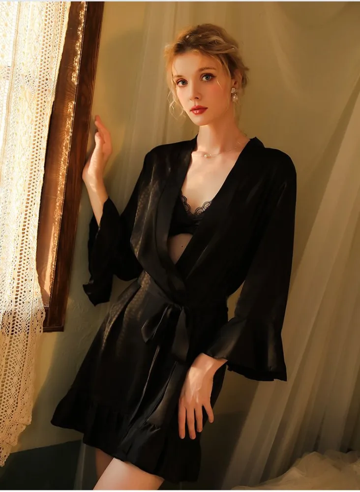 Temptation Private Sexy Pajamas Pure Desire to Imitate Silk Ruffle Cuffs Cardigan Outer Robe Nightgown