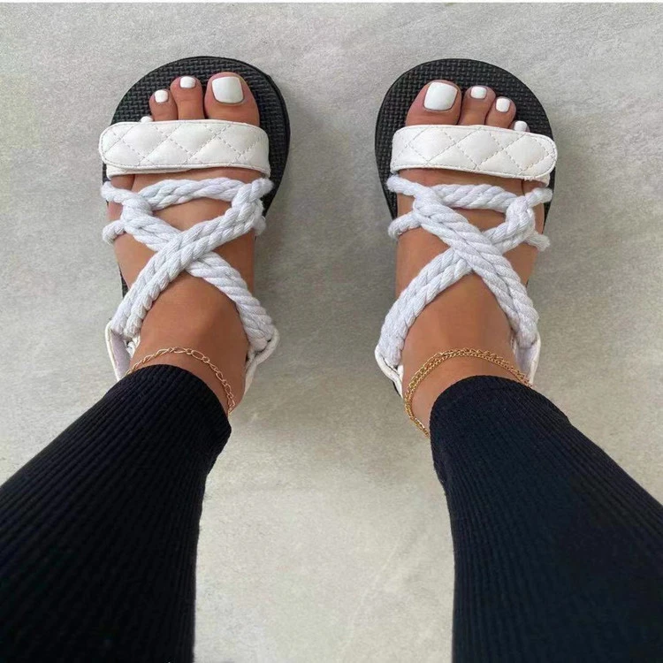 Summer Sandals Solid Color Platform Hemp Rope Flat Slippers