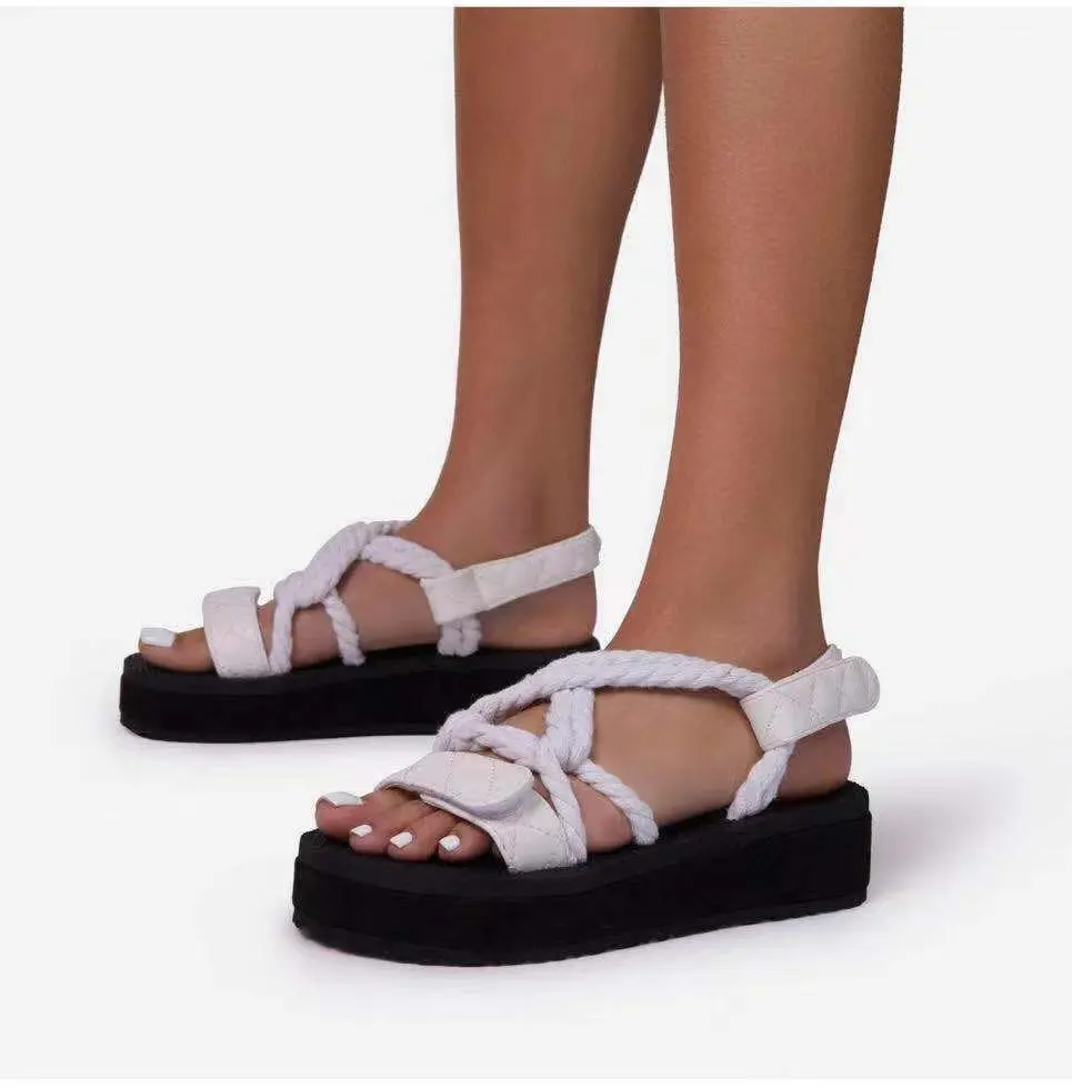 Summer Sandals Solid Color Platform Hemp Rope Flat Slippers