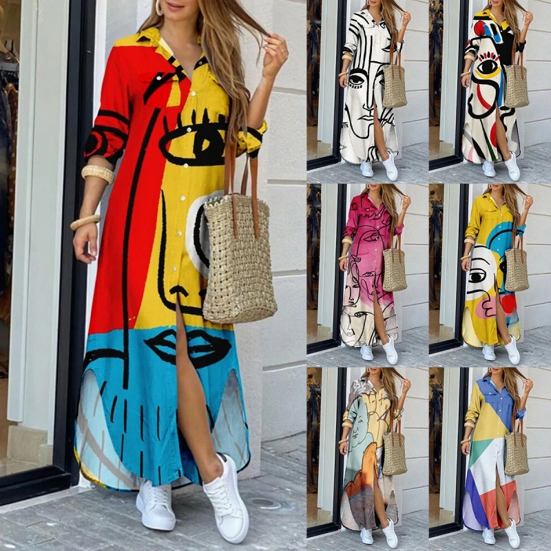 Fashion Long Sleeve Printed Lined Dress