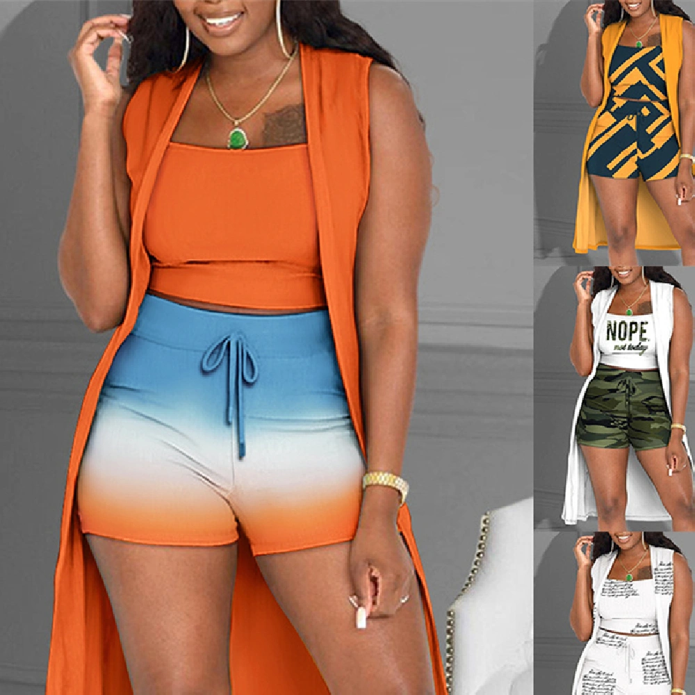 Monogram Print Contrasting Color Coat Shorts Three-piece Set