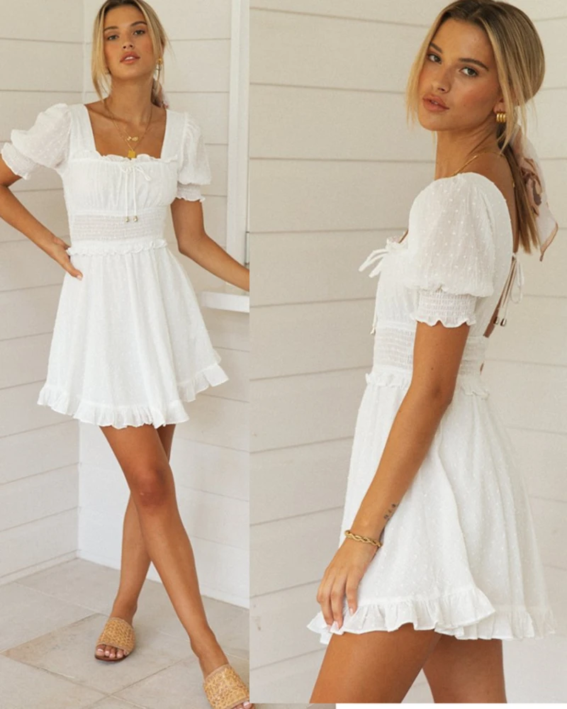 Women's New Solid Color Square Neck Short Skirt Lace-up Backless Dress
