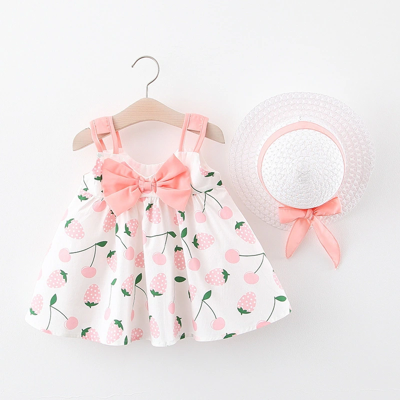 Baby Girl Big Strawberry Printed Dress With Hat