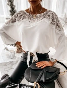 Spring Autumn 2023 new long-sleeved lace shirt solid color commuter top crewneck shirt