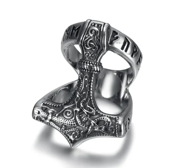 Beowulf Regalia Handcrafted Stainless Steel Open Thor's Hammer Ring