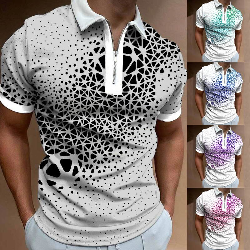 Men's Fashion Sports Polo Shirt 3D Printing Summer Casual Zipper Lapel Short Sleeve Polo Shirt Men