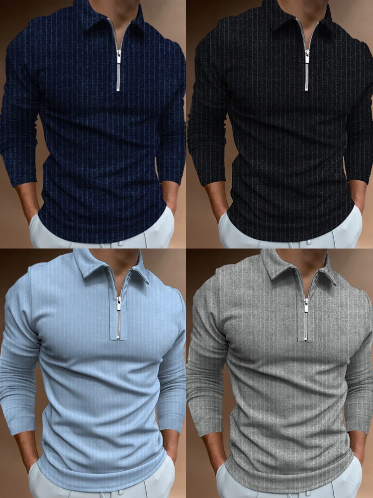 New POLO Shirt Zipper Stripe Men's Polo Shirt T-Shirt