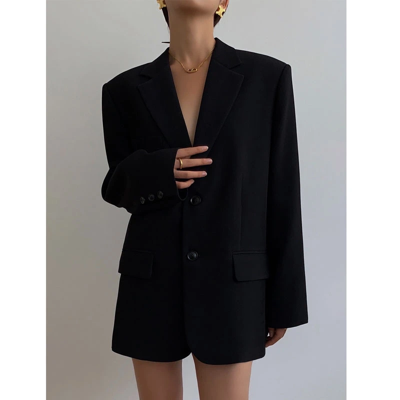 Spring and Autumn 2023 New Relaxed Retro Casual Black Suit Coat Women