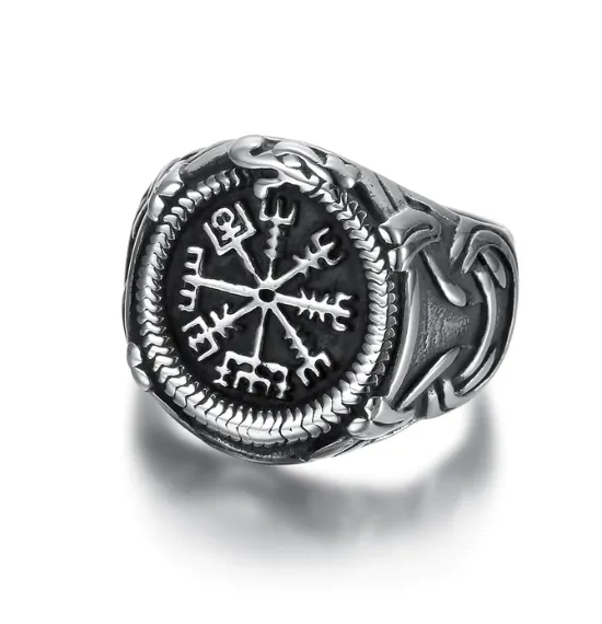 Beowulf Regalia Handcrafted Stainless Steel Vegvisir And Jormungand Ring