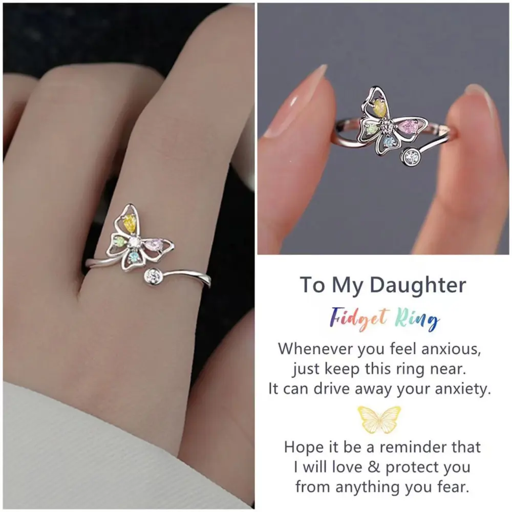 Simple And Creative Hollow Out ButterflyColored Zircon Opening Adjustable Diamond Set Women's Ring