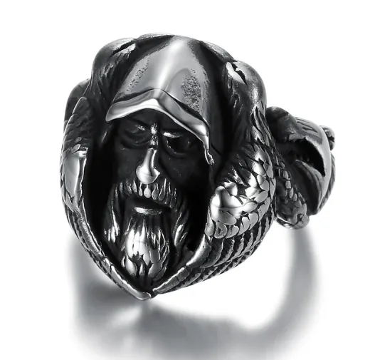 Beowulf Regalia Handcrafted Stainless Steel Viking Odin Ring With Raven And Wolf