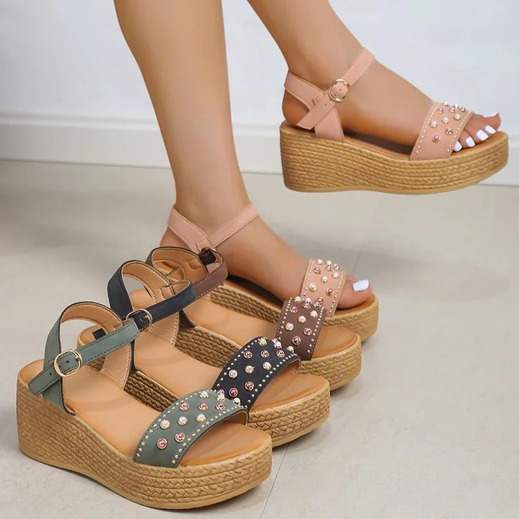 2023 new sandals foreign trade cross-border Zinc comfortable rivet beads PU bottom wedge sandals for ladies